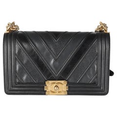 Chanel Black Calfskin Caviar In The Mix Chevron Old Medium Boy Handbag