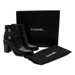 Chanel Black Calfskin CC Twist Lock Heeled Ankle Boots - Size EU 37