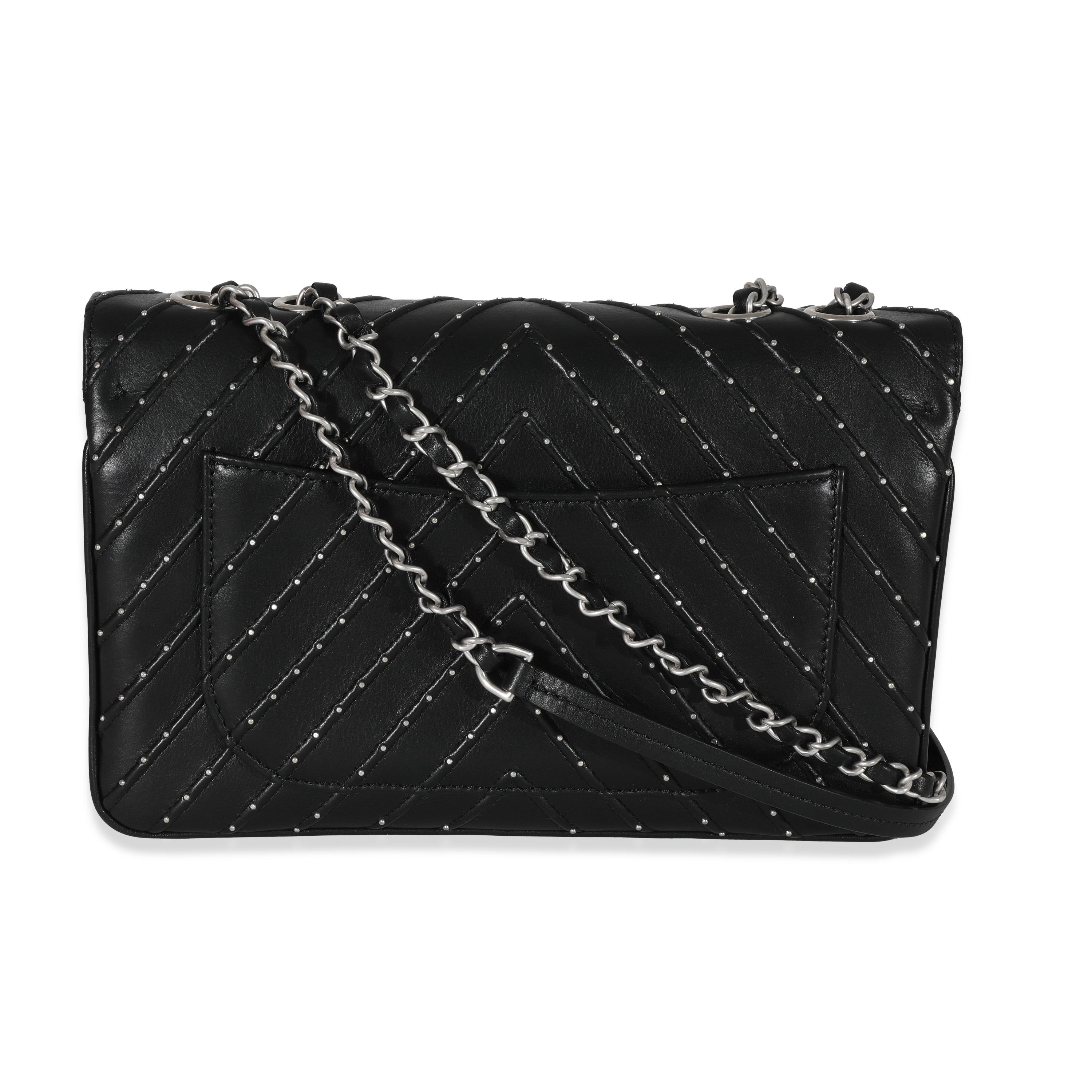 Chanel Black Calfskin Chevron Small Stud Wars Flap Bag In Excellent Condition In New York, NY