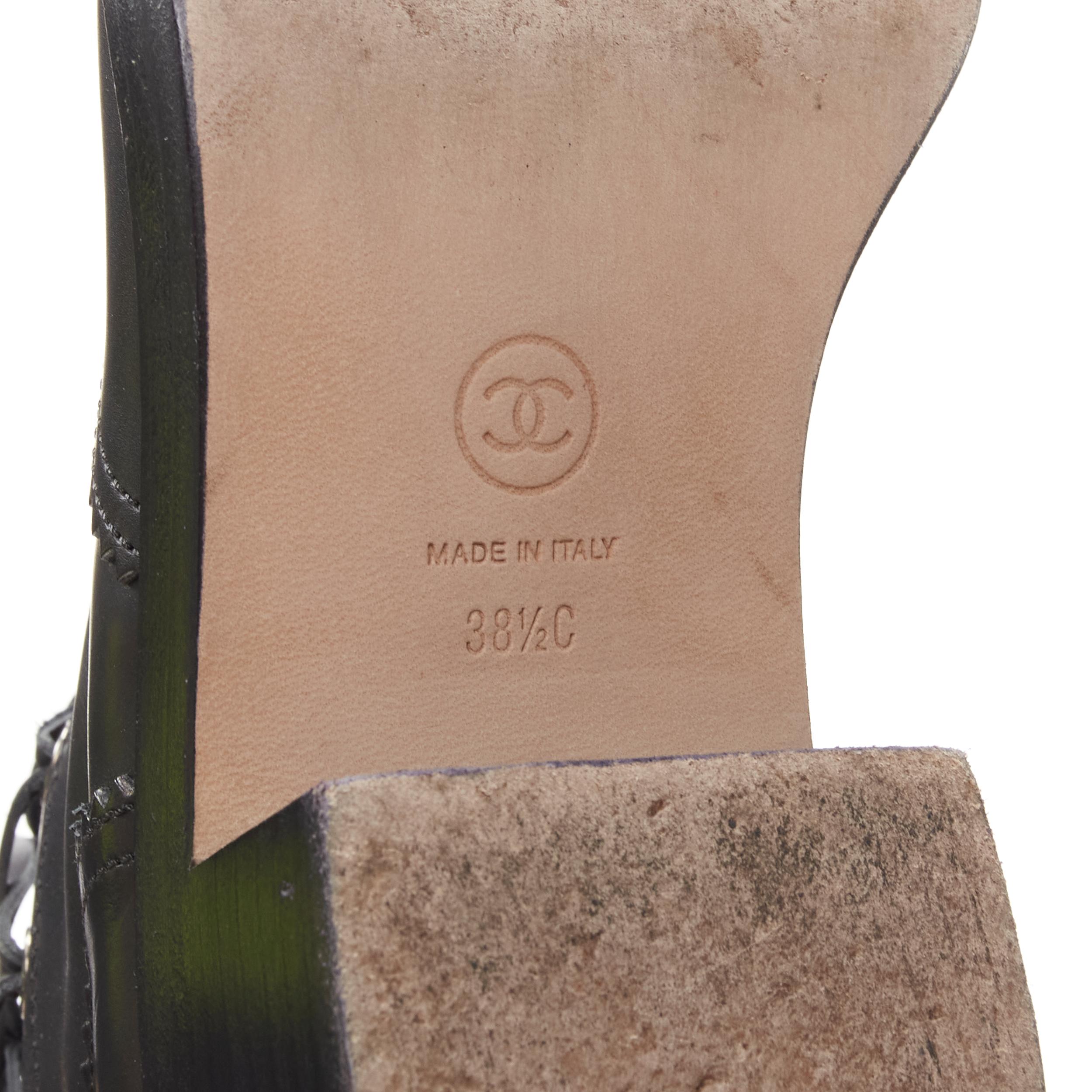 CHANEL black calfskin cross stitch cut out CC toe cap block heel boot EU38.5 For Sale 5