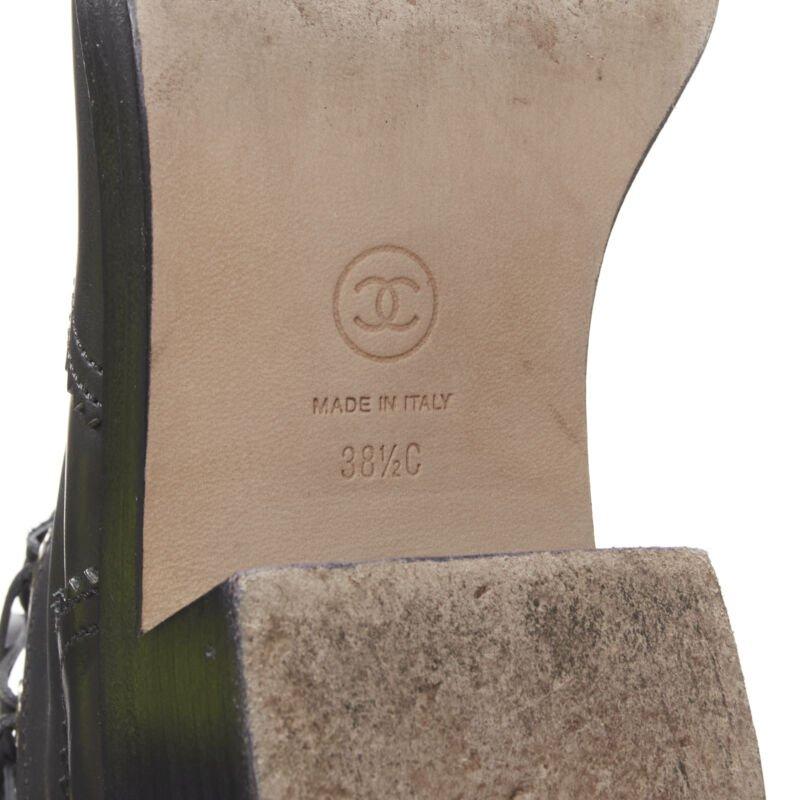 CHANEL black calfskin cross stitch cut out CC toe cap block heel boot EU38.5 For Sale 5