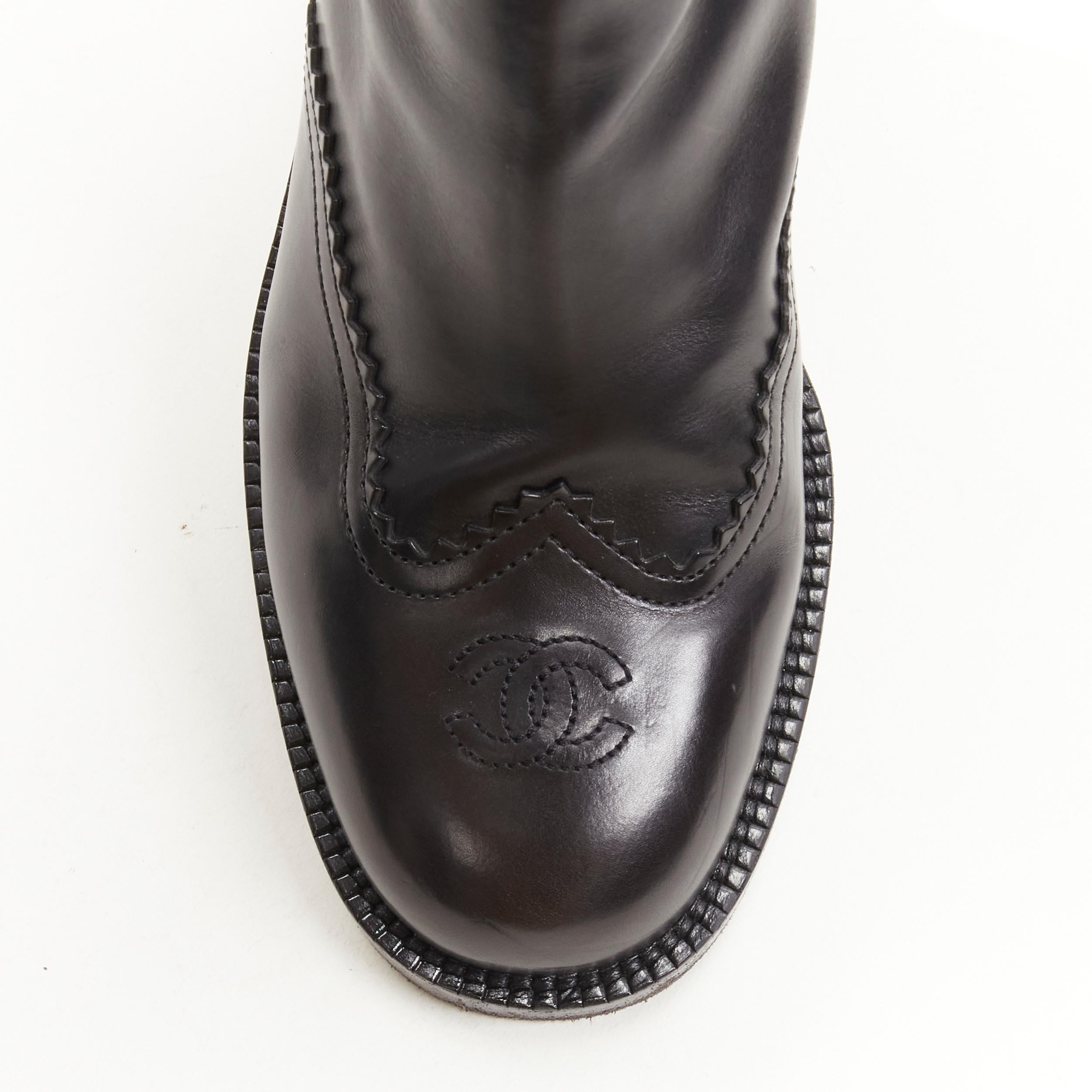 Black CHANEL black calfskin cross stitch cut out CC toe cap block heel boot EU38.5 For Sale