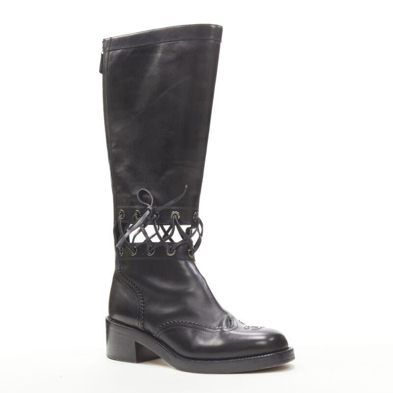 Black CHANEL black calfskin cross stitch cut out CC toe cap block heel boot EU38.5 For Sale
