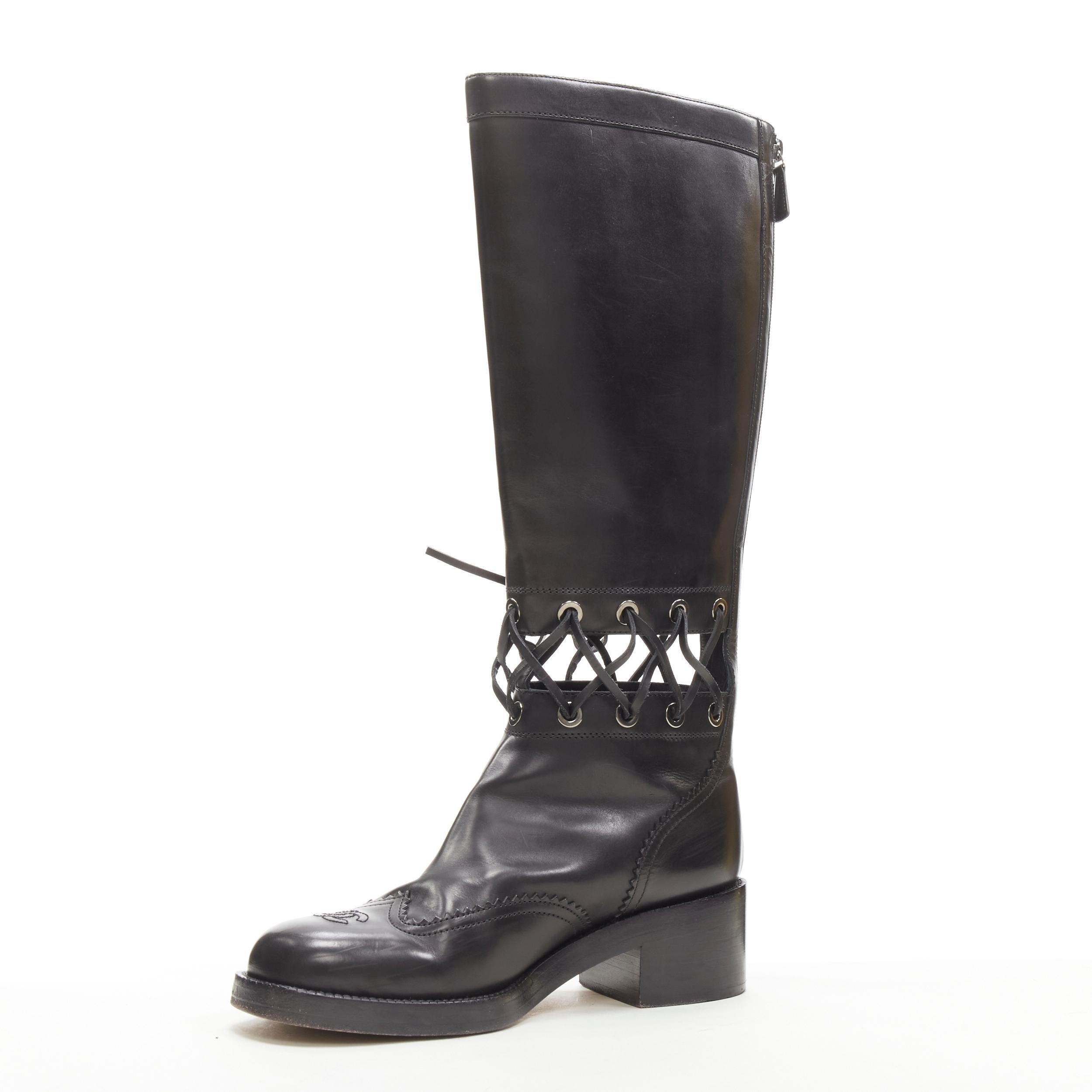 Women's CHANEL black calfskin cross stitch cut out CC toe cap block heel boot EU38.5 For Sale