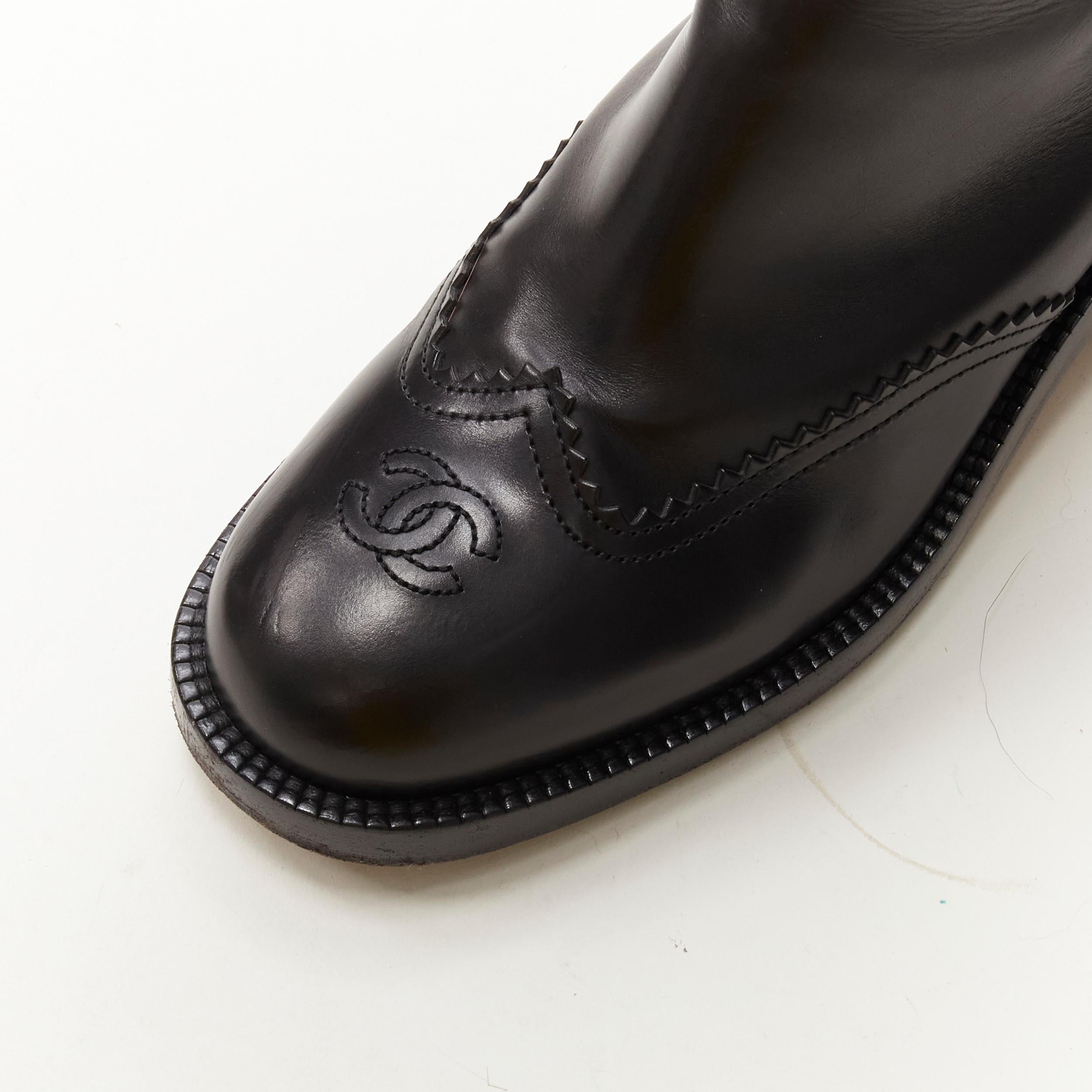 CHANEL black calfskin cross stitch cut out CC toe cap block heel boot EU38.5 For Sale 2