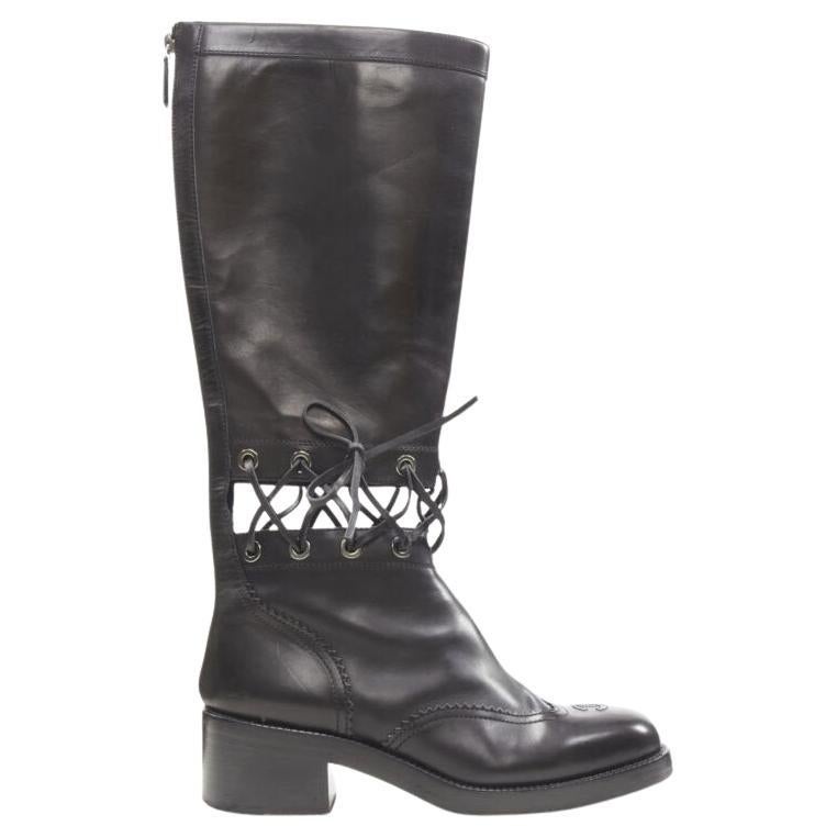 CHANEL nero in pelle di vitello punto croce tagliato CC punta tacco a blocco stivale EU38.5