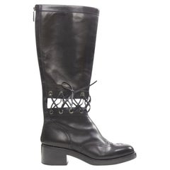 CHANEL black calfskin cross stitch cut out CC toe cap block heel boot EU38.5
