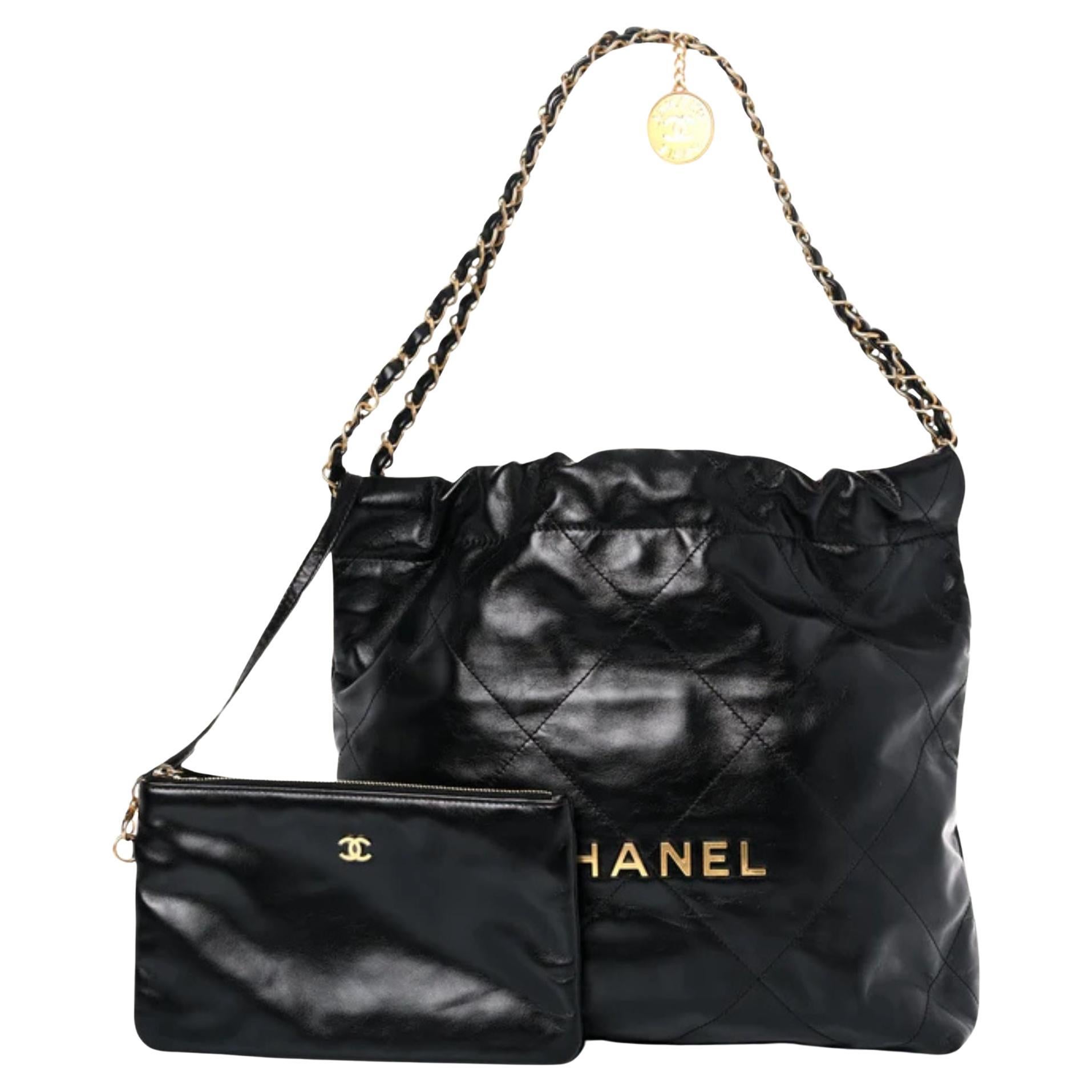 Chanel Black Calfskin Drawstring Chanel 22 Bag Medium For Sale