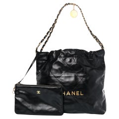 Chanel Black Calfskin Drawstring Chanel 22 Bag Medium