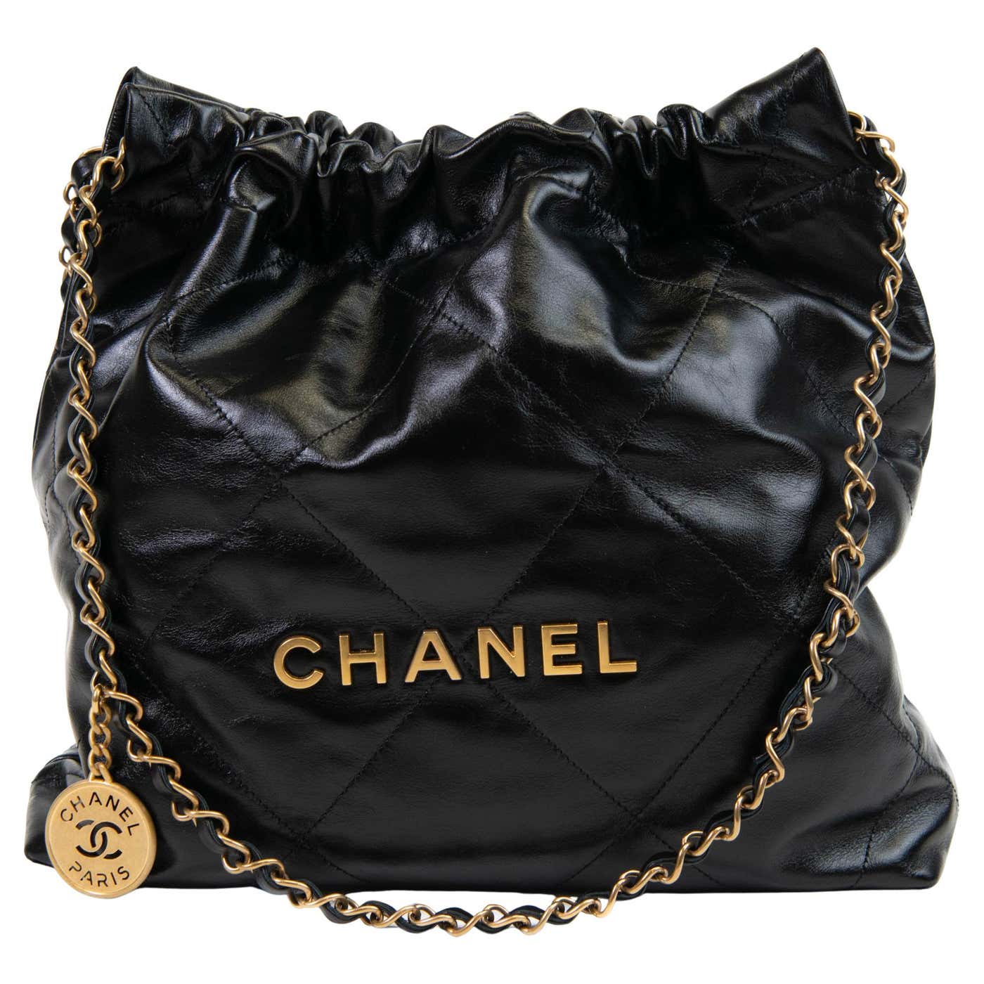 Chanel String Bag Chanel Black Calfskin Drawstring Chanel 22 Bag Medium Matching Pouch ...