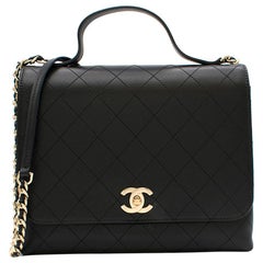 Chanel Black Calfskin Flap Bag with Top Handle 21cm