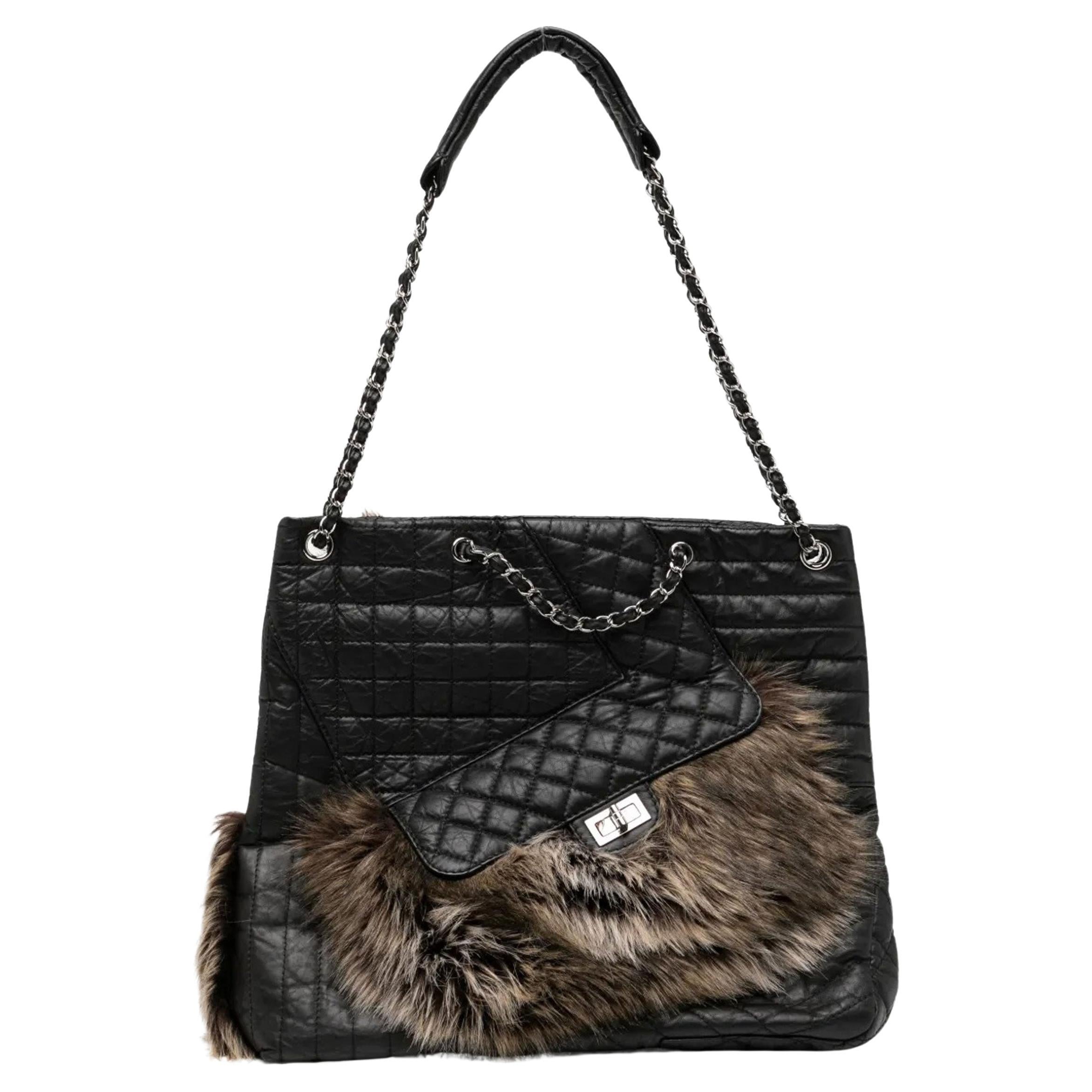 Chanel Black Calfskin Leather Faux Fur Spring Shoulder Tote Bag