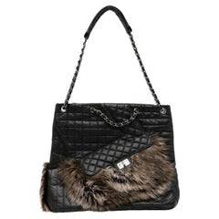 Chanel Black Calfskin Leather Faux Fur Spring Shoulder Tote Bag