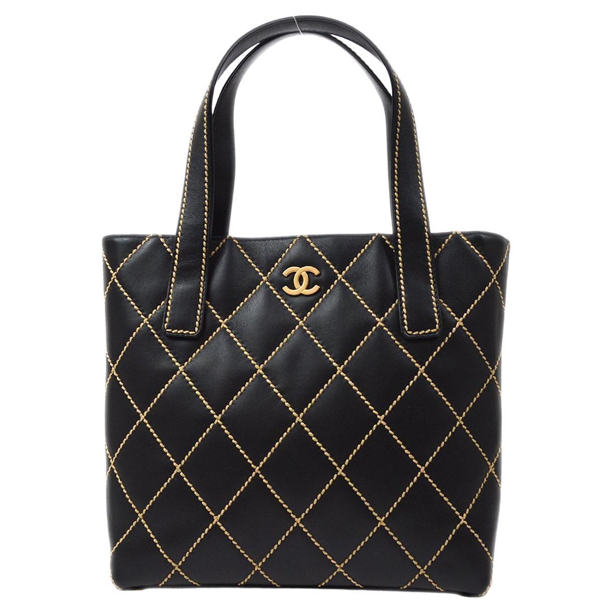 CHANEL Black Calfskin Leather Gold CC Stitch Top Handle Evening Tote Bag