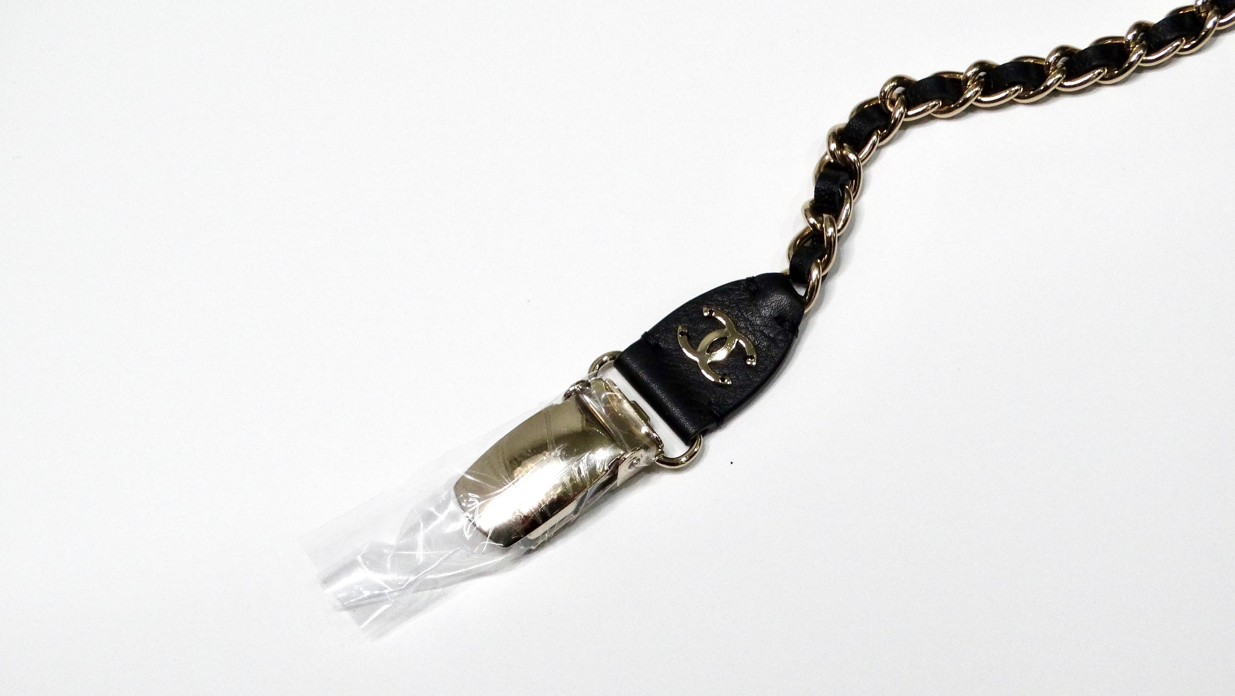 Women's Chanel Black Calfskin Leather Gold-Tone Interlocking CC Chain Suspenders For Sale