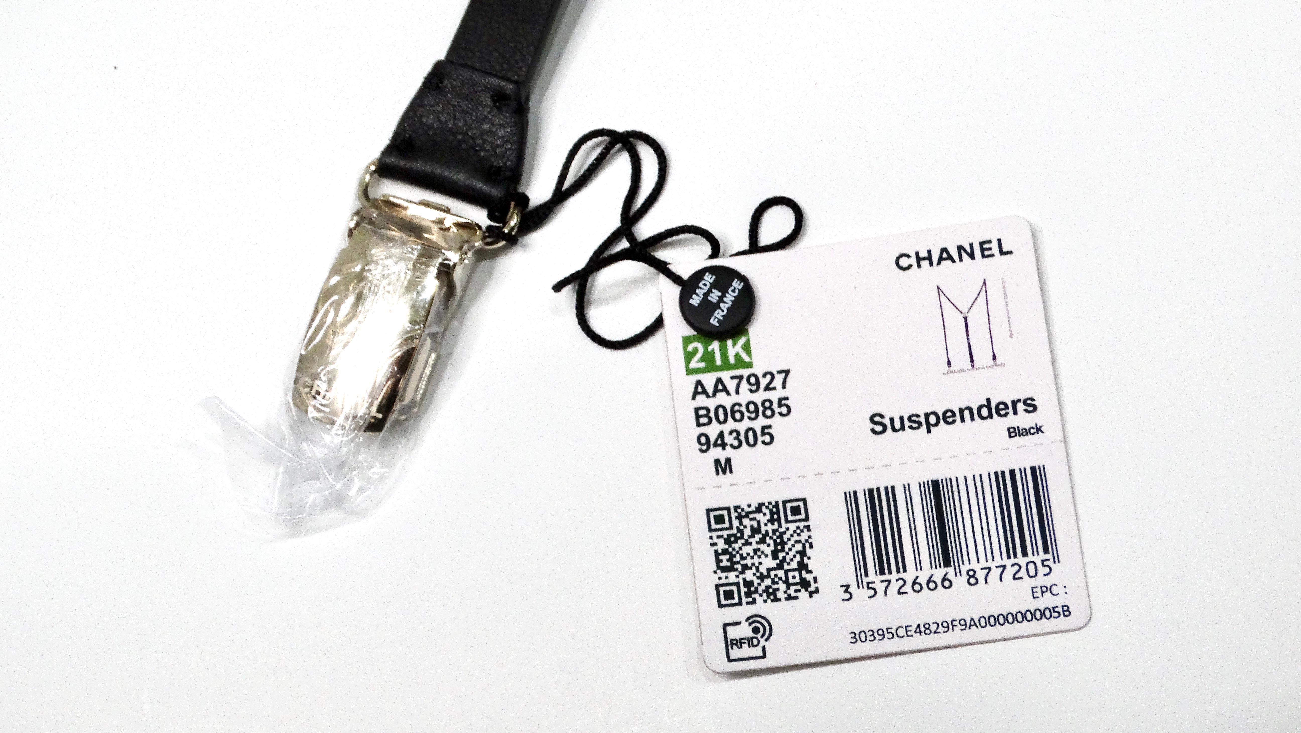 Chanel Black Calfskin Leather Gold-Tone Interlocking CC Chain Suspenders For Sale 1