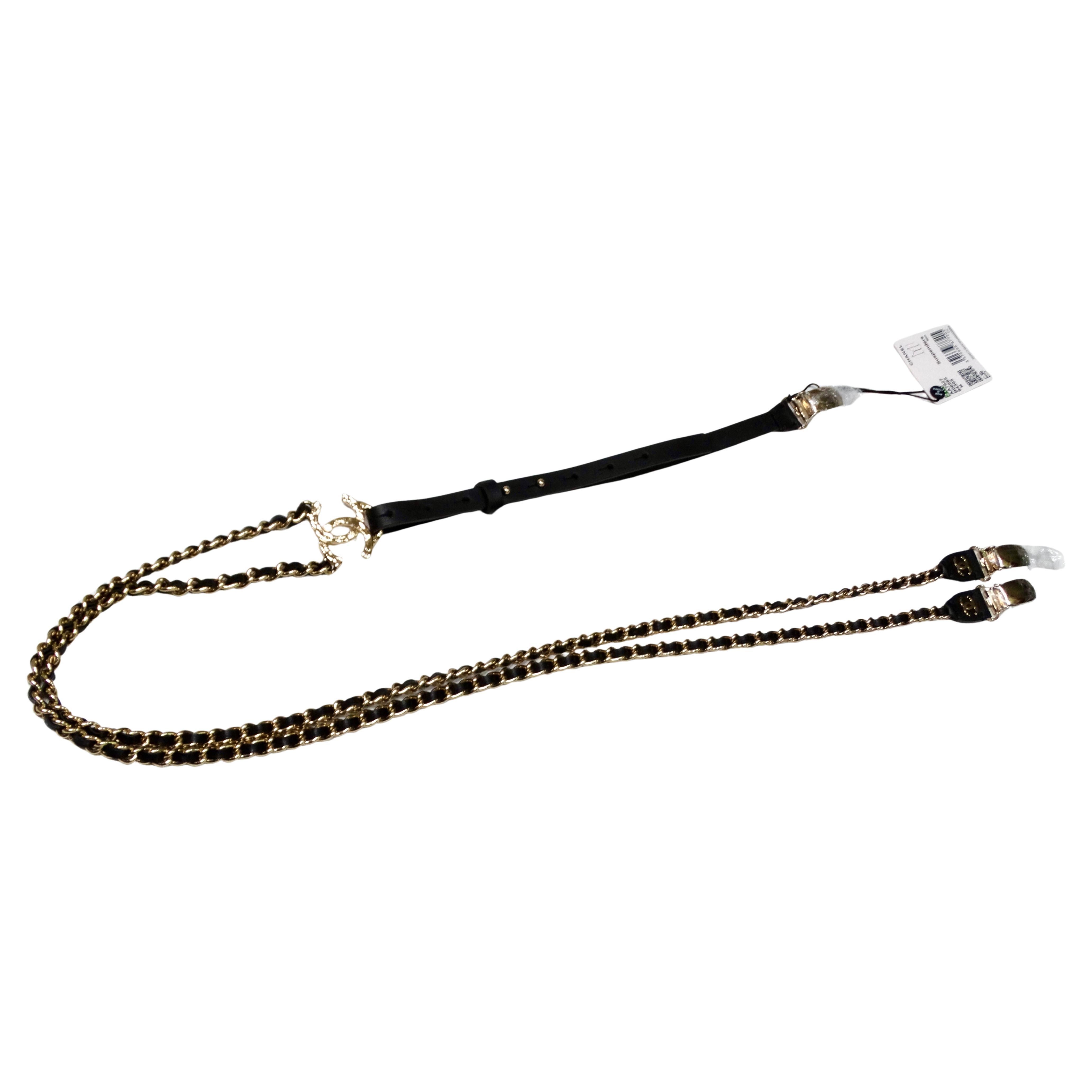 Chanel Black Calfskin Leather Gold-Tone Interlocking CC Chain Suspenders For Sale 2