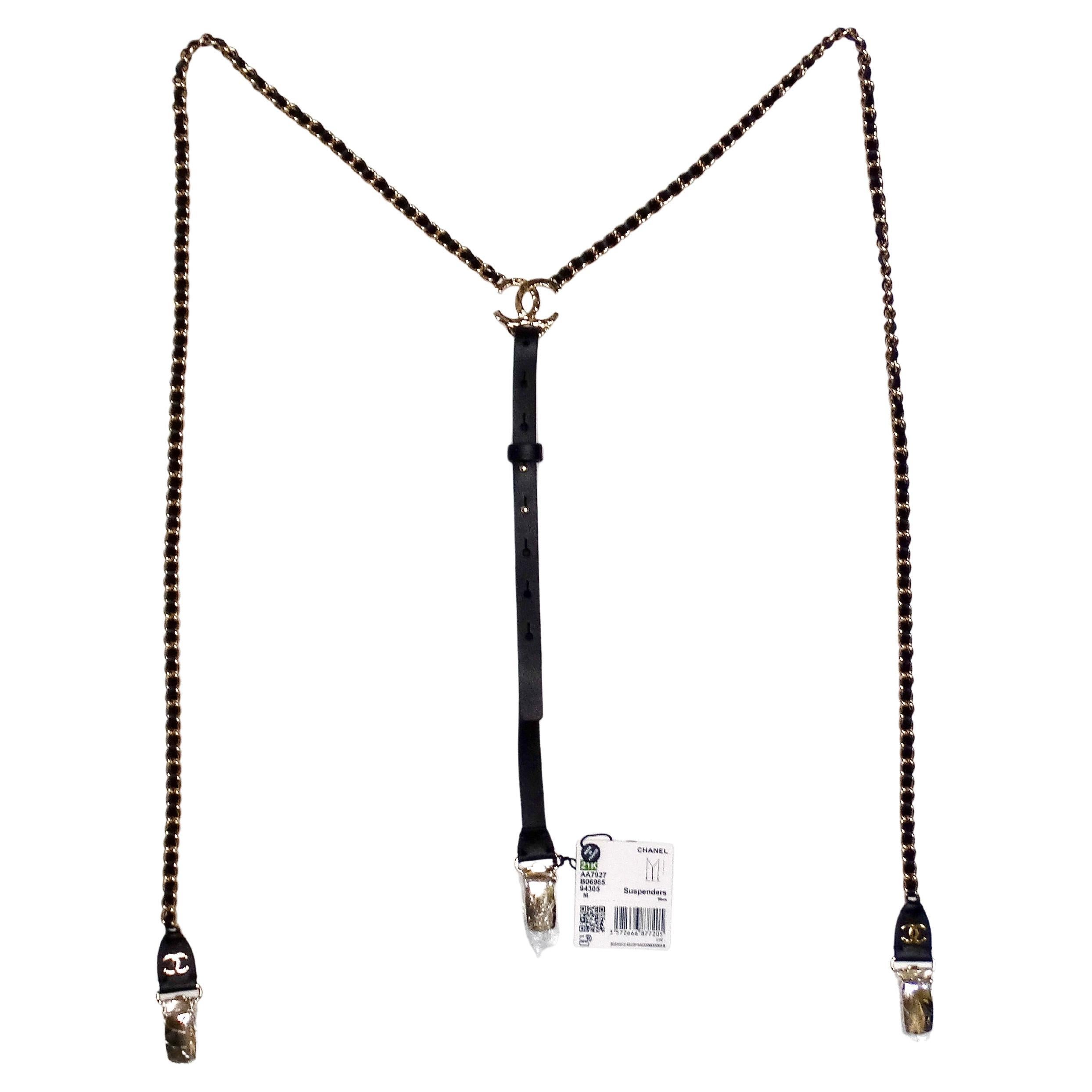 Chanel Black Calfskin Leather Gold-Tone Interlocking CC Chain Suspenders For Sale