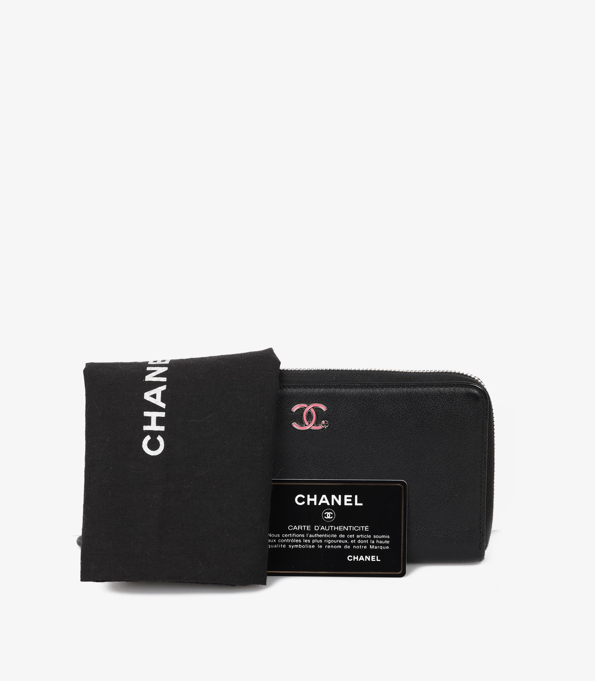 Chanel Black Calfskin Leather Pink Clover Classic Long Zip Wallet For Sale 2