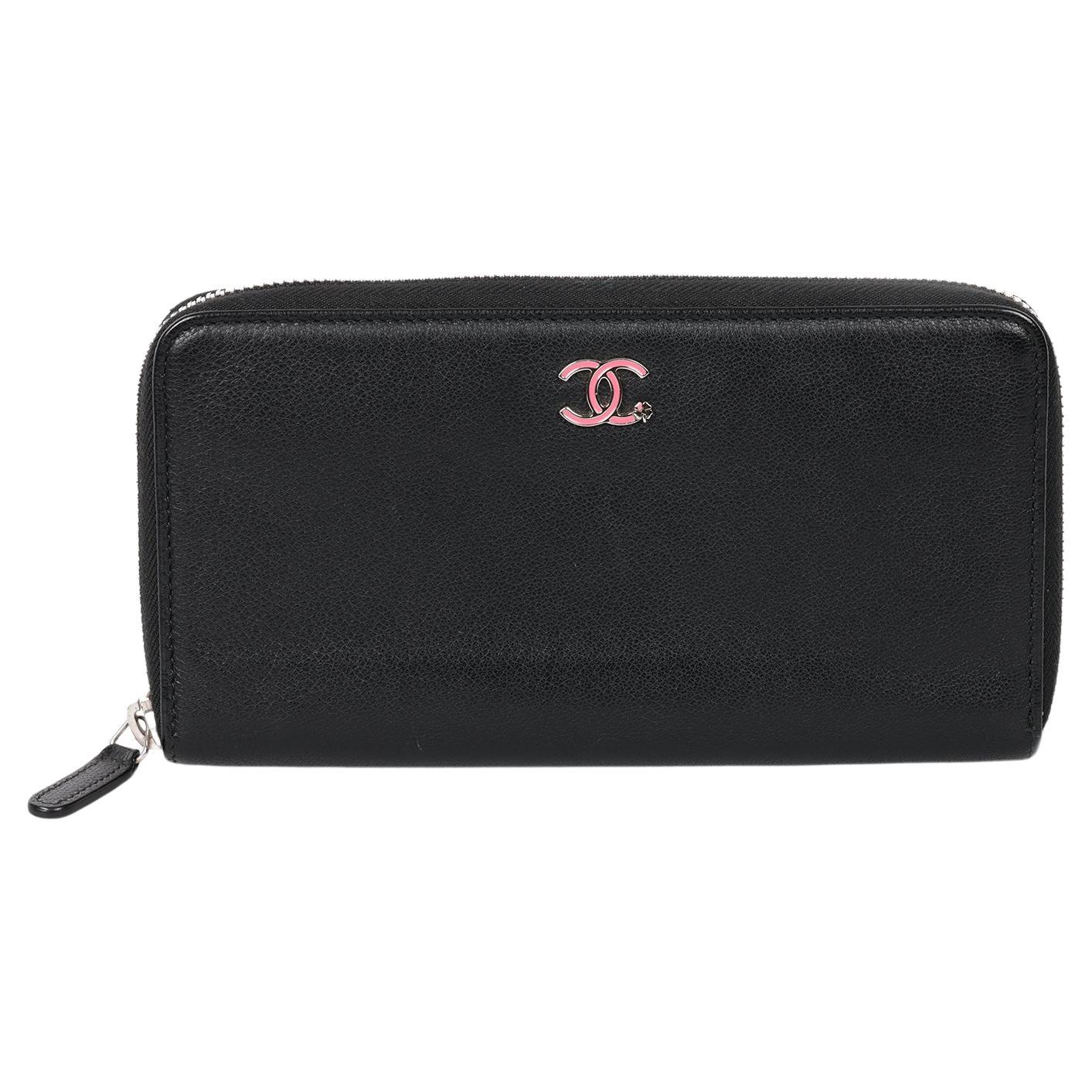 Chanel Black Calfskin Leather Pink Clover Classic Long Zip Wallet For Sale