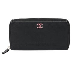 Chanel Black Calfskin Leather Pink Clover Classic Long Zip Wallet