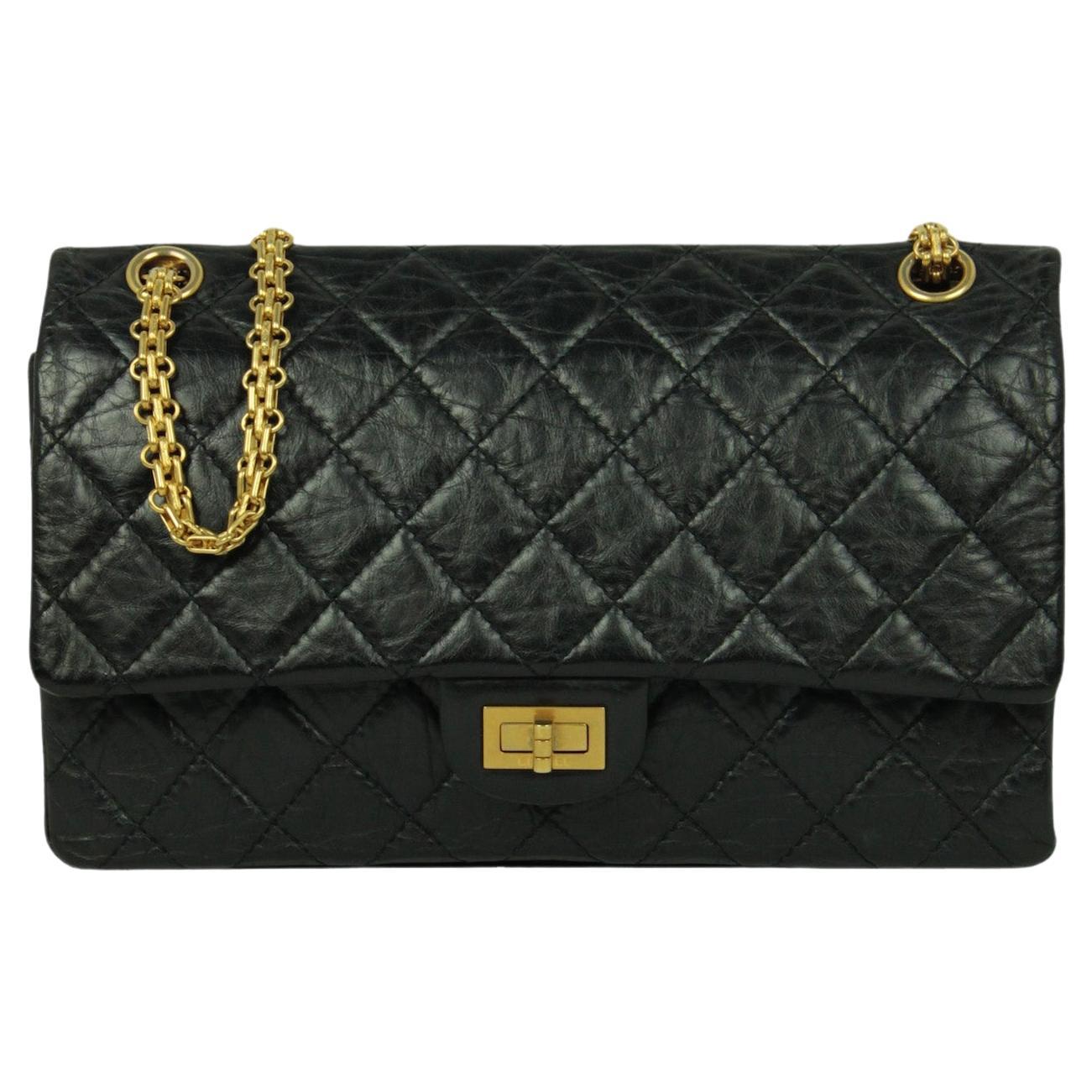 Chanel Black Calfskin Leather Quilted 2.55 Reissue 226 Flap Bag For Sale