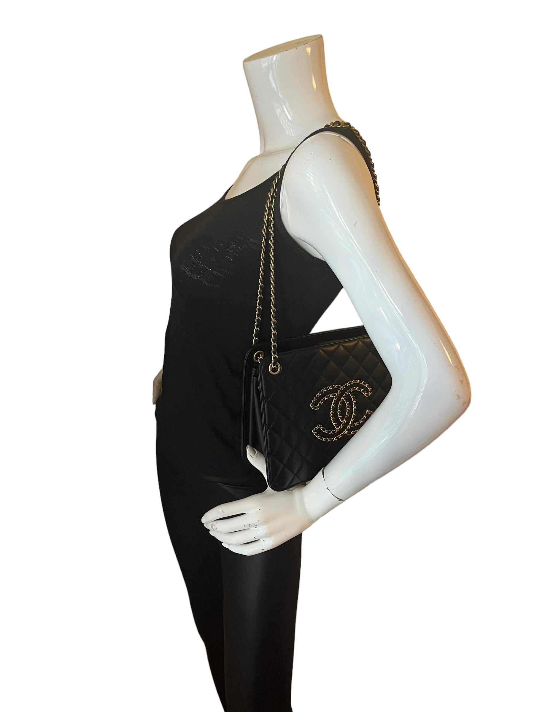 Women's Chanel Black Calfskin Leather Quilted CC Chain Accordion Tote Bag