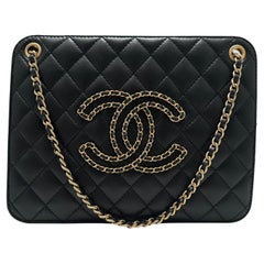 Chanel Black Calfskin Leather Quilted CC Chain Accordion Tote Bag