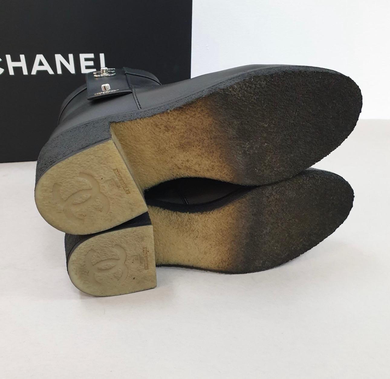Chanel Black Calfskin Leather Turnlock CC Ankle Boots For Sale 6
