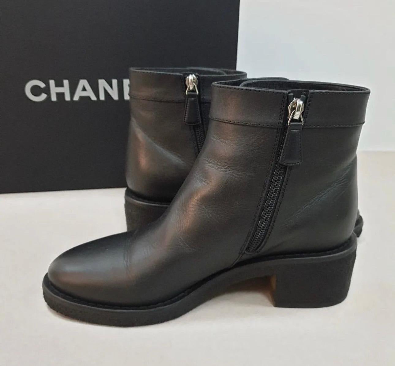 Chanel Black Calfskin Leather Turnlock CC Ankle Boots For Sale 1