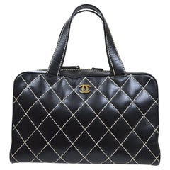 CHANEL Black Calfskin Leather Yellow Stitching Gold Hardware Top Handle Tote Bag