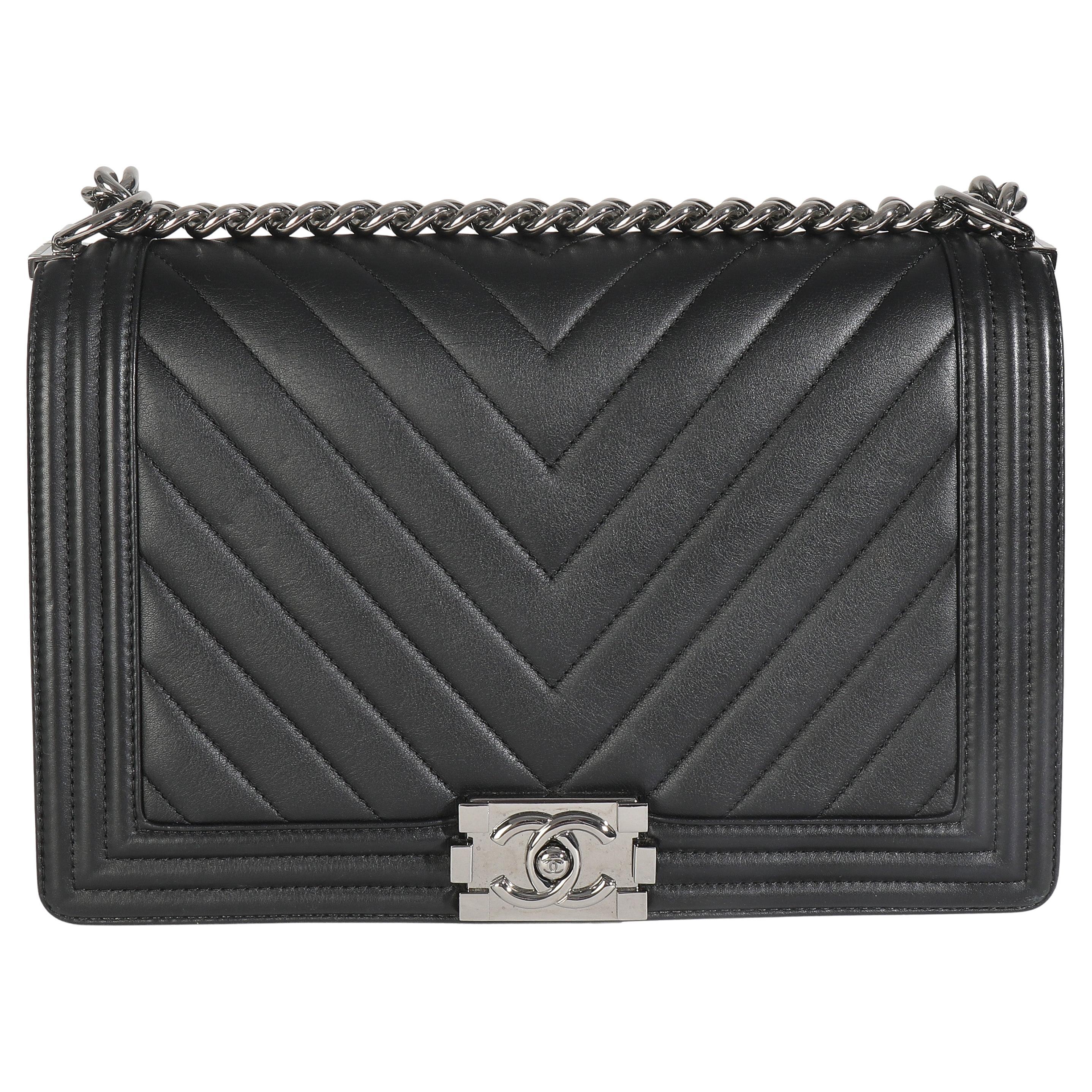 Chanel Black Calfskin Quilted Chevron New Medium Boy Bag