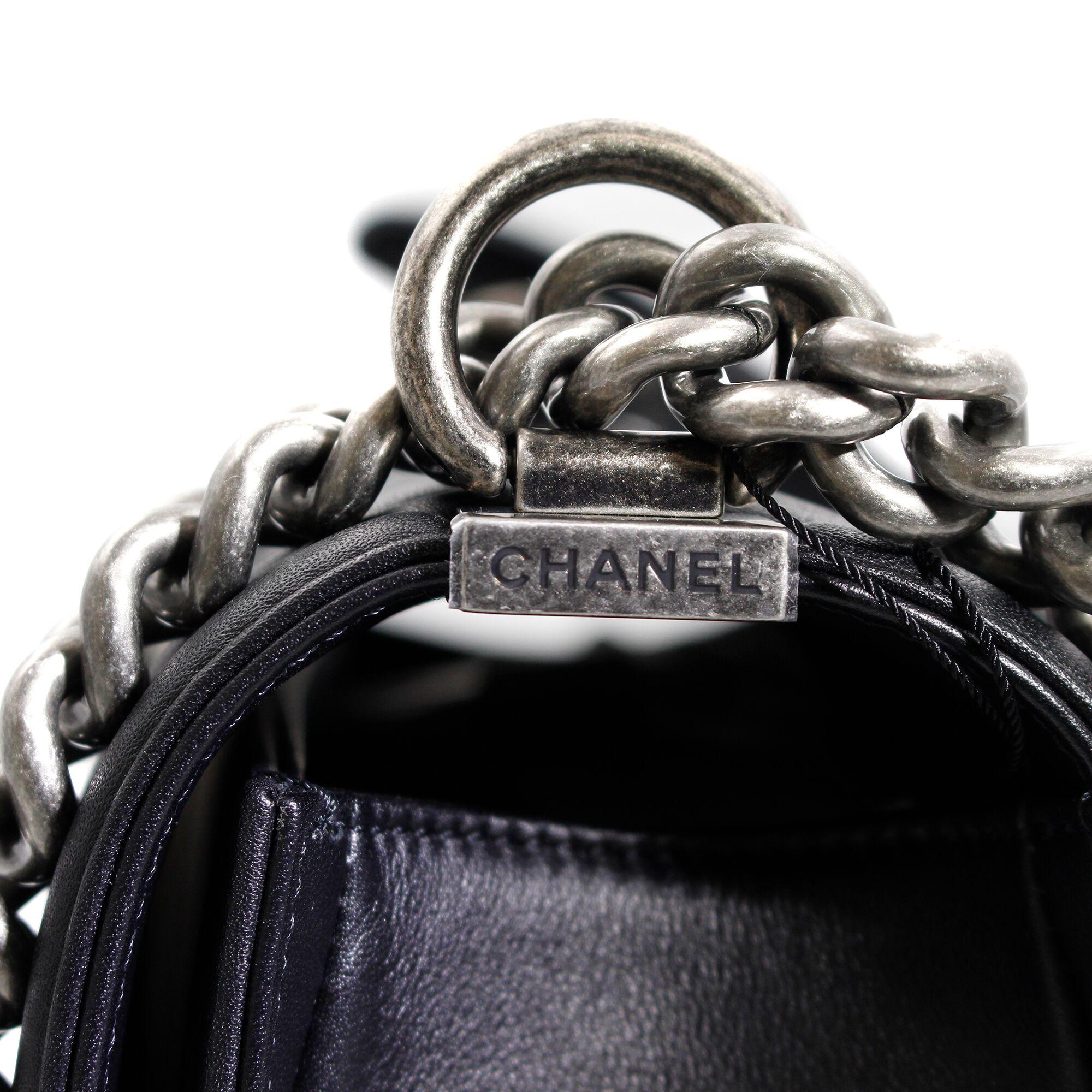 Women's Chanel Black Calfskin Quilted Ruthenium Tone Large Boy Flap Bag A92193