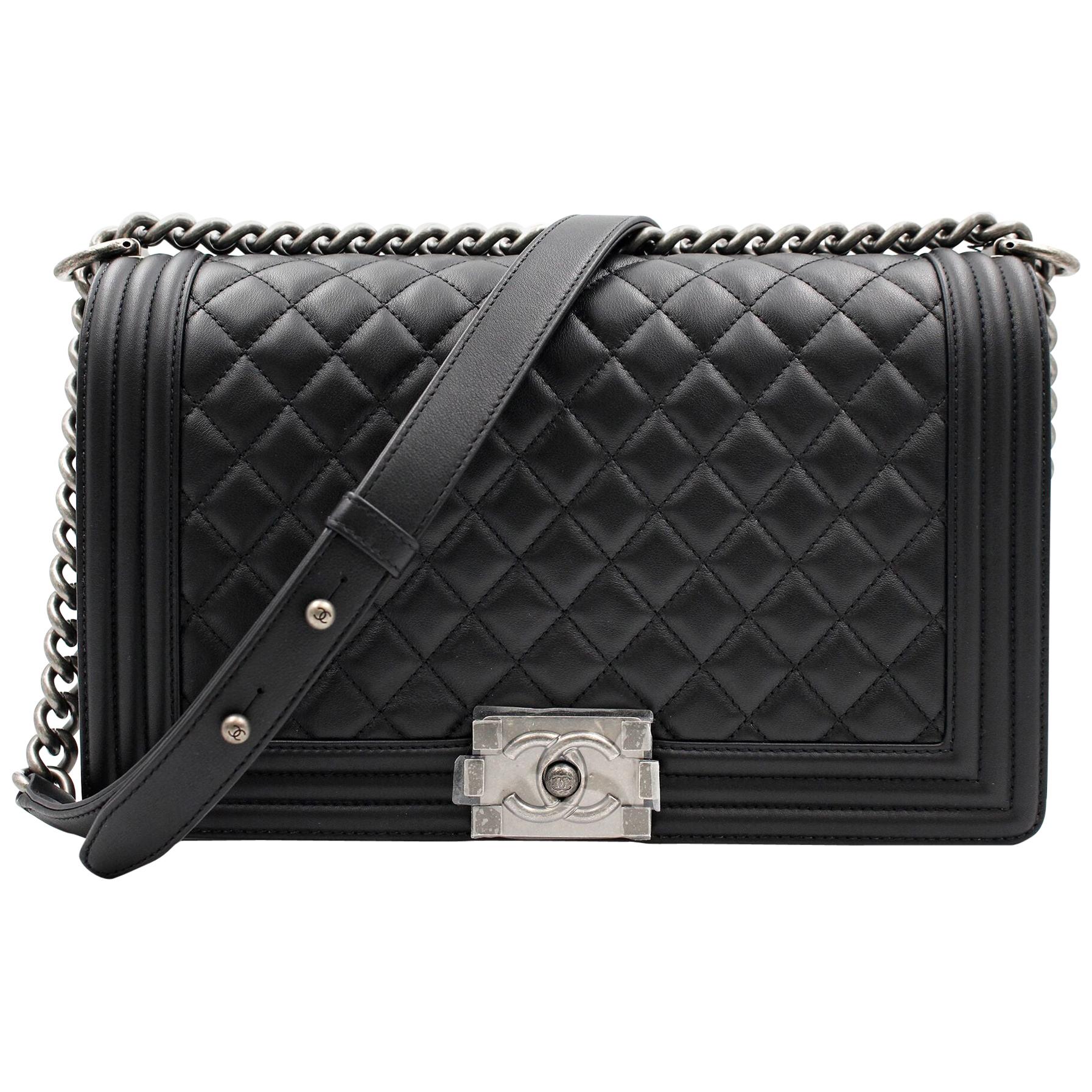 Chanel Black Calfskin Quilted Ruthenium Tone Large Boy Flap Bag A92193