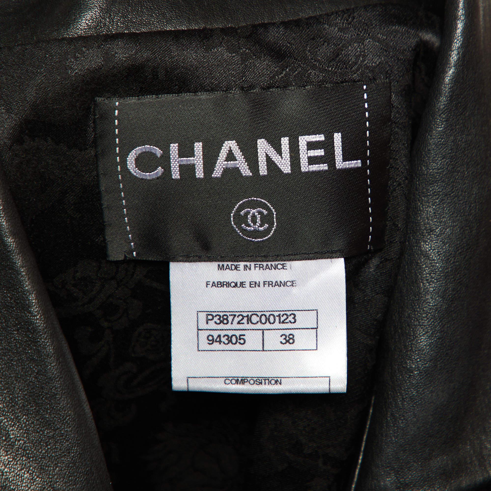 Women's Chanel Black Camelia Cutout Leather Button Front Jacket M