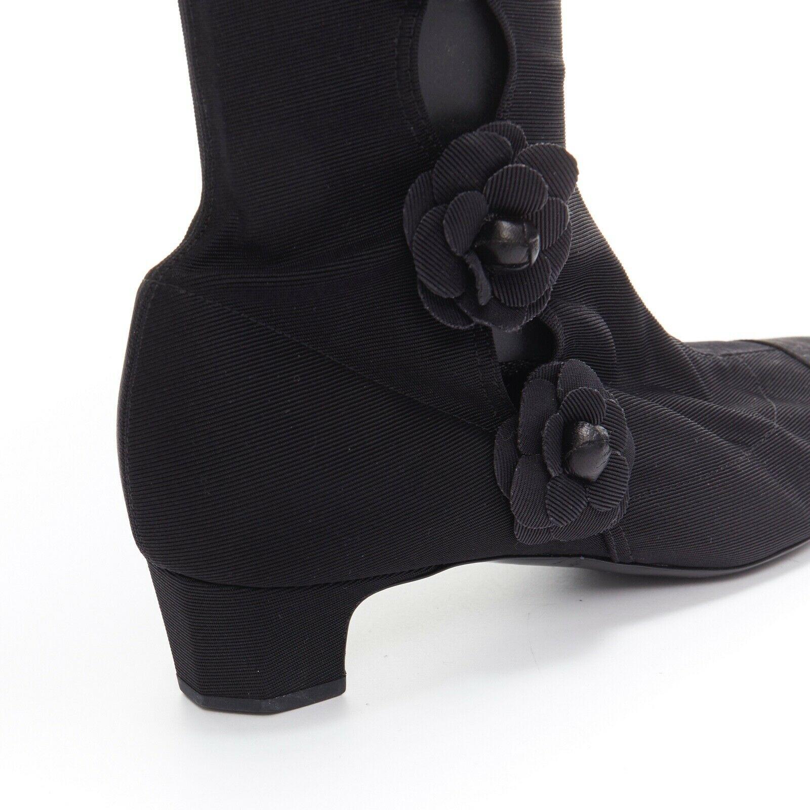 CHANEL black Camellia applique satin toe cap stretch fit flat knee boots EU38.5 4