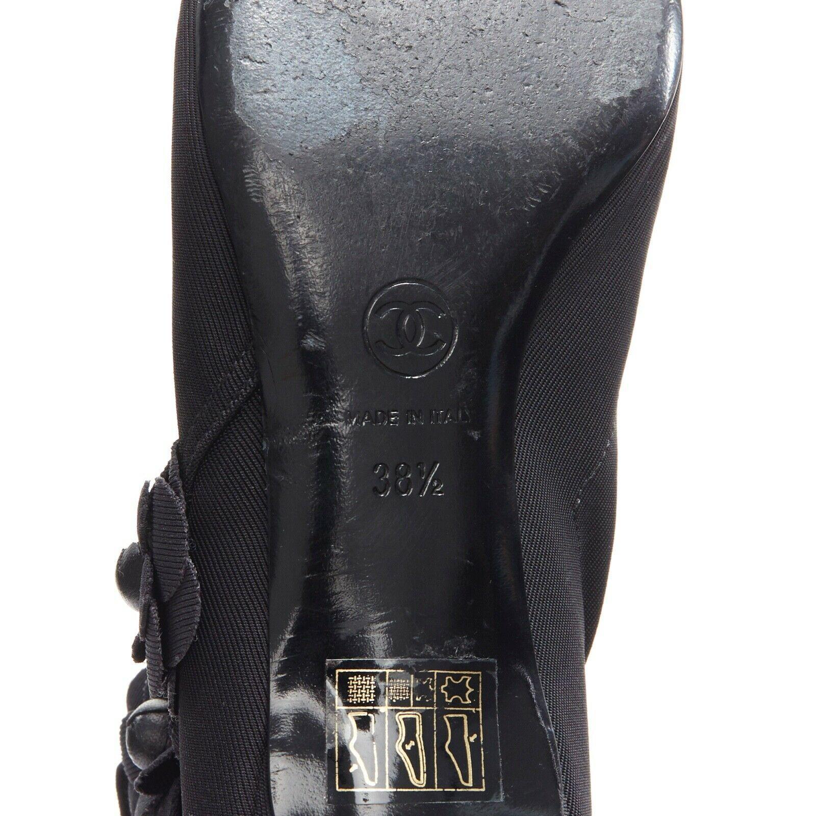 CHANEL black Camellia applique satin toe cap stretch fit flat knee boots EU38.5 5