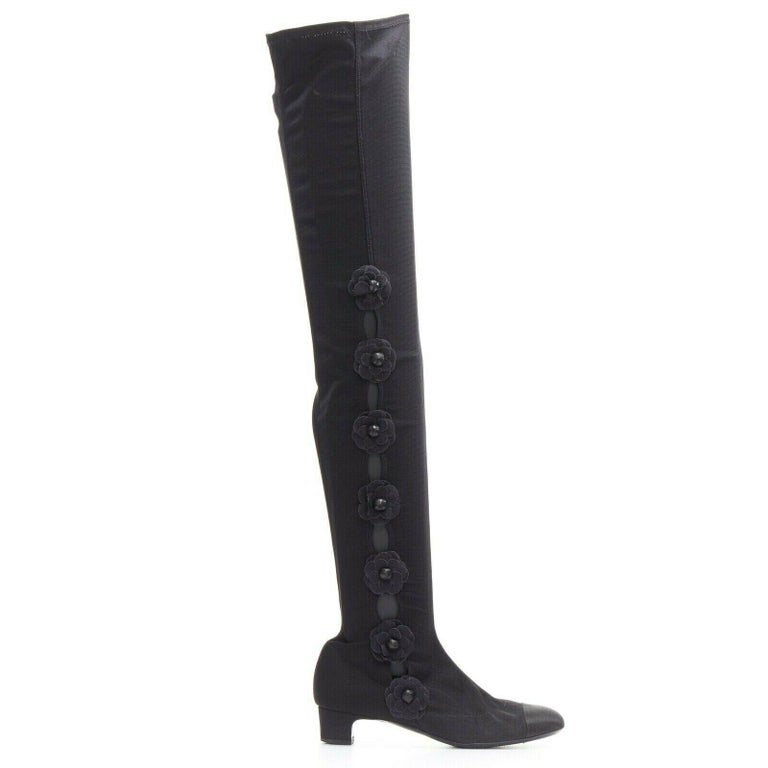 CHANEL black Camellia applique satin toe cap stretch fit flat knee boots  EU38.5 at 1stDibs