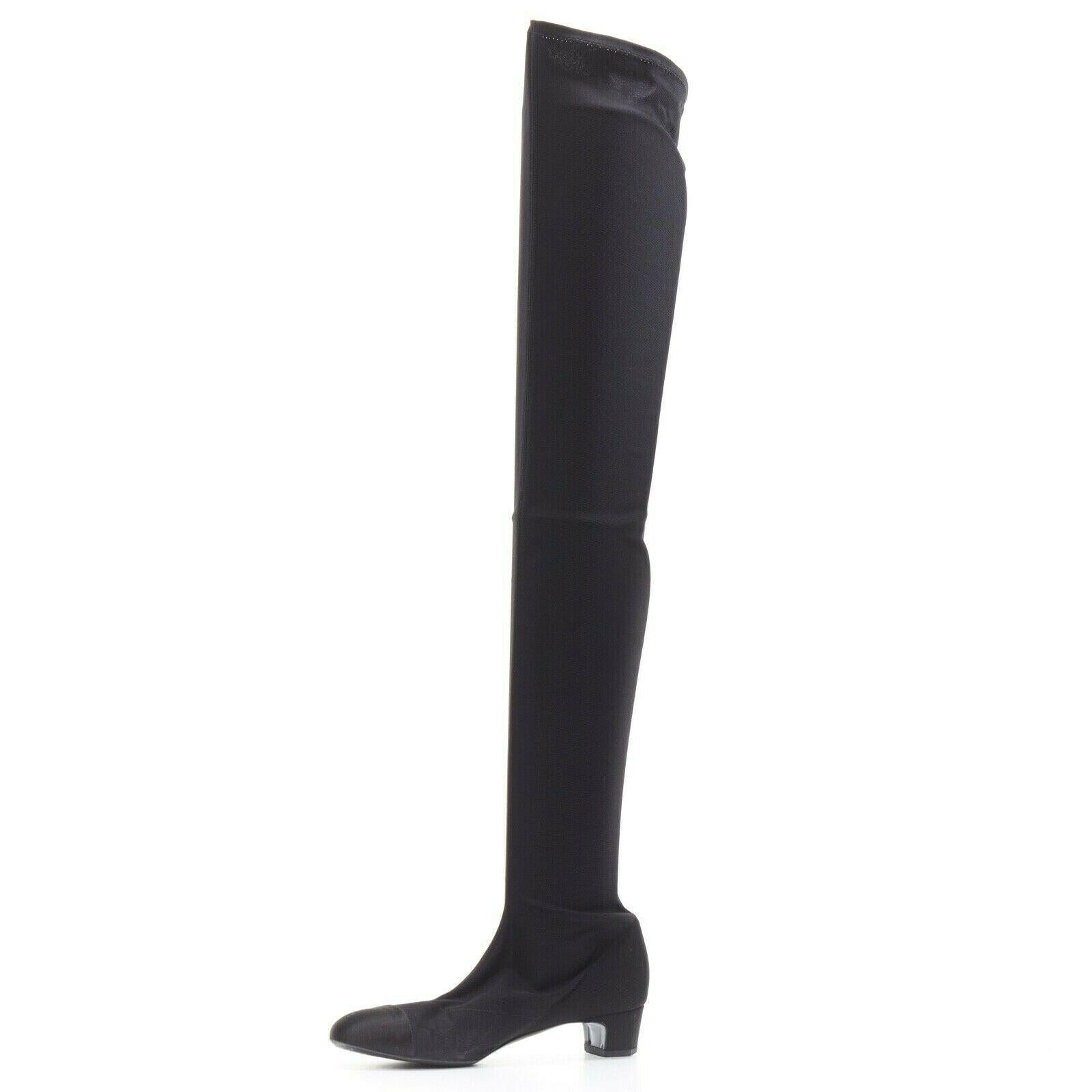 Black CHANEL black Camellia applique satin toe cap stretch fit flat knee boots EU38.5