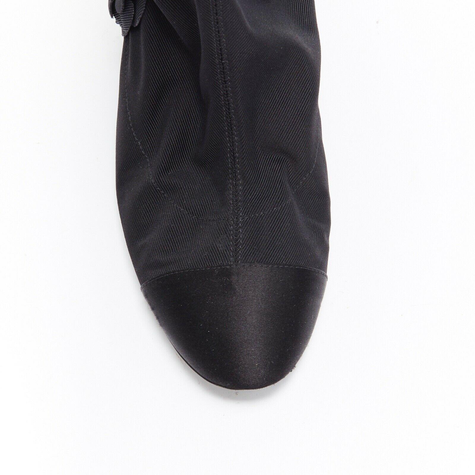 Women's CHANEL black Camellia applique satin toe cap stretch fit flat knee boots EU38.5