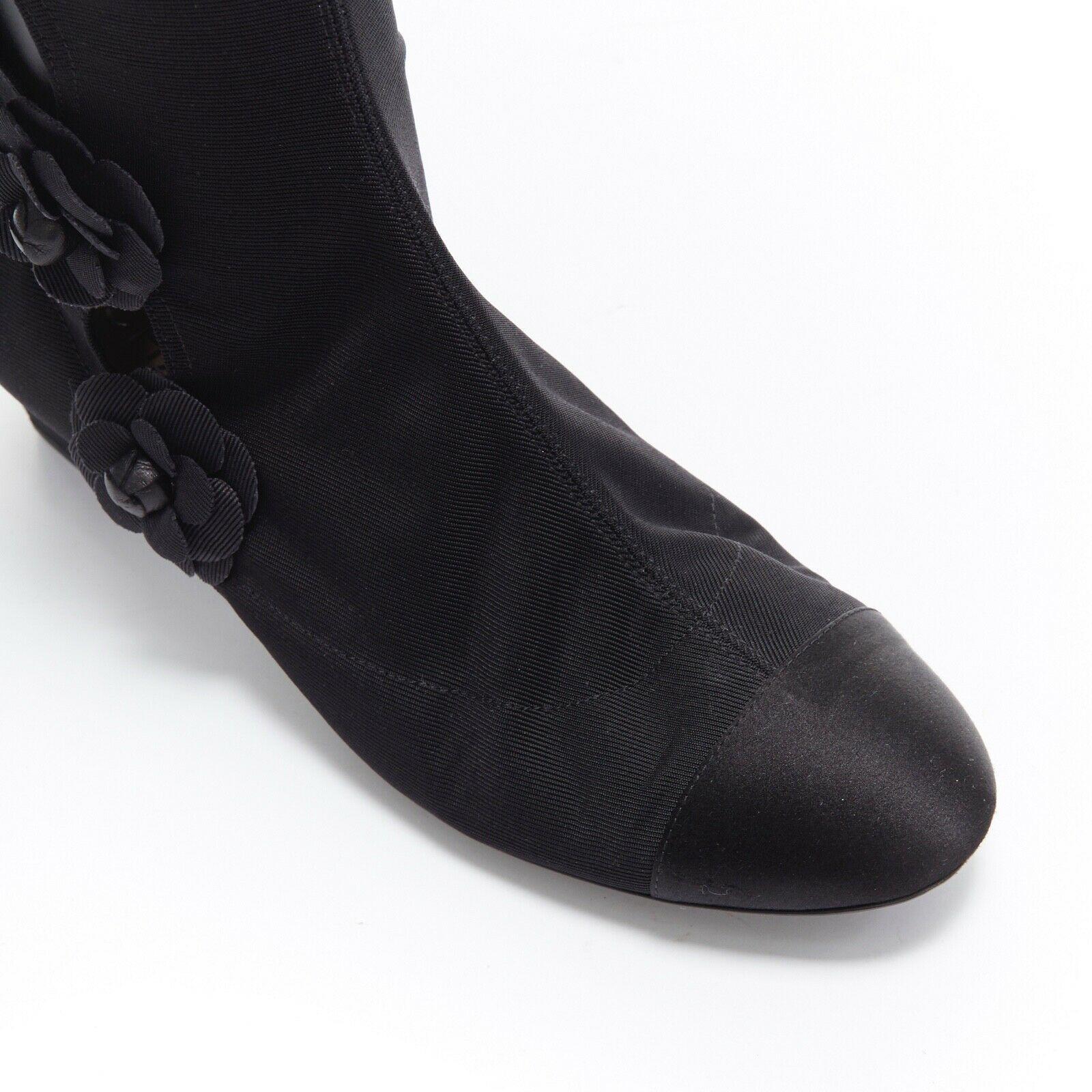 CHANEL black Camellia applique satin toe cap stretch fit flat knee boots EU38.5 1