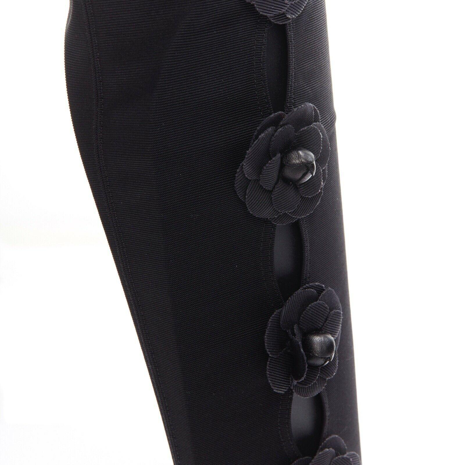 CHANEL black Camellia applique satin toe cap stretch fit flat knee boots EU38.5 3