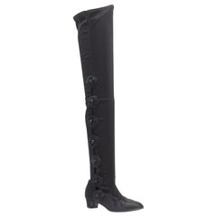 CHANEL black Camellia applique satin toe cap stretch fit flat knee boots EU38.5