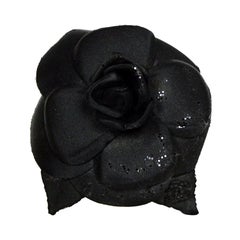 Chanel Black Camellia Brooch with Sequins and Crystal CC