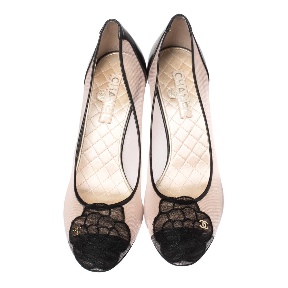 Beige Chanel Black Camellia Cap Toe Mesh and Leather Pumps Size 39