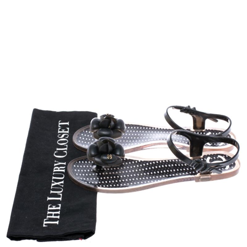 Chanel Black Camellia CC Jelly Flat Sandals Size 39 2