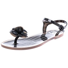 Chanel Black Camellia CC Jelly Flat Sandals Size 39