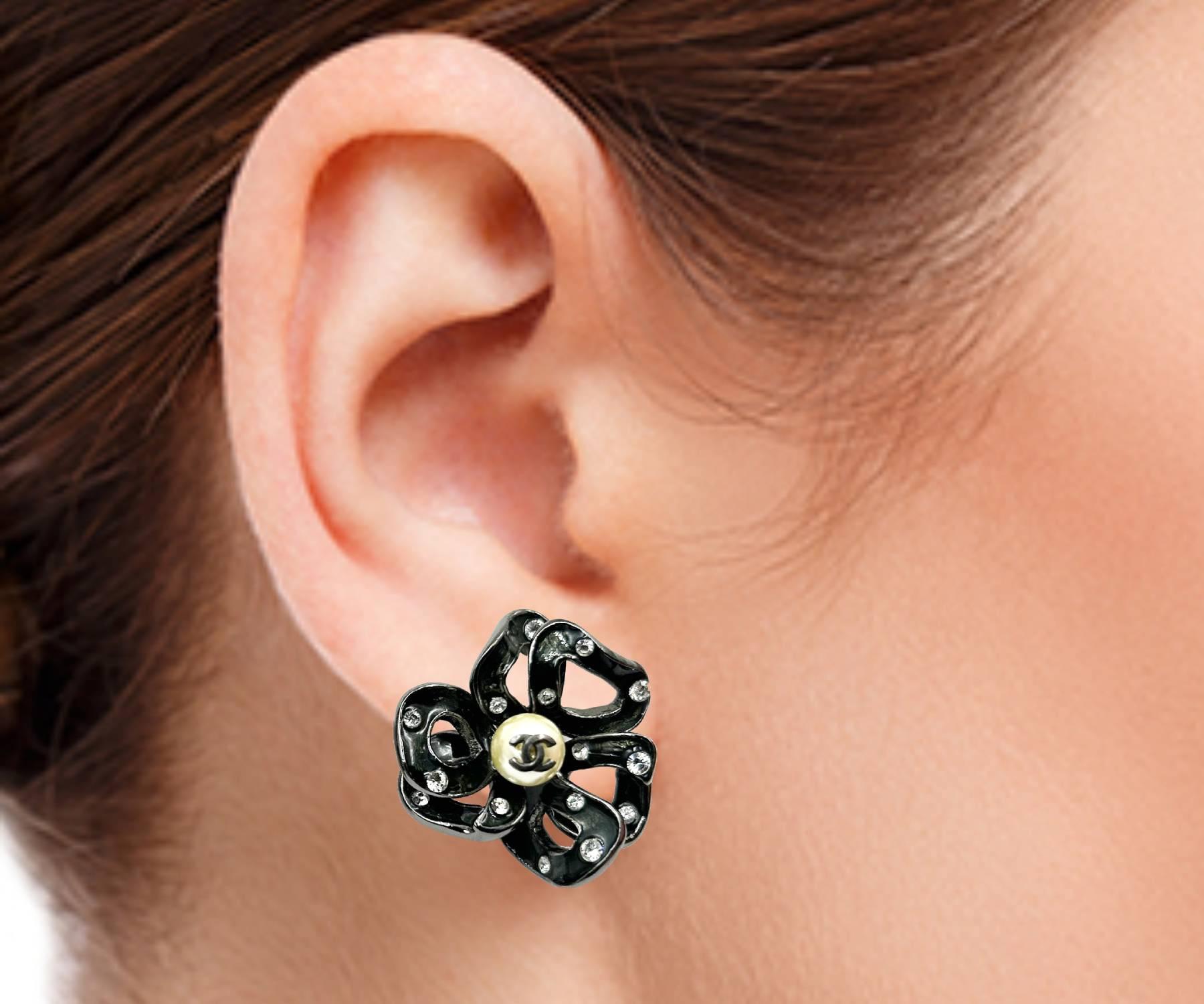 Contemporary Chanel Black Camellia Crystal Pearl Large Clip on Earrings For Sale