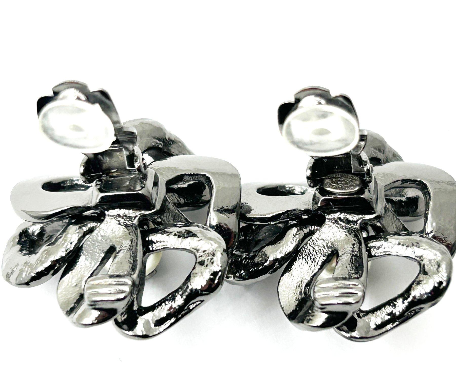 Women's Chanel Black Camellia Crystal Pearl Large Clip on Earrings For Sale