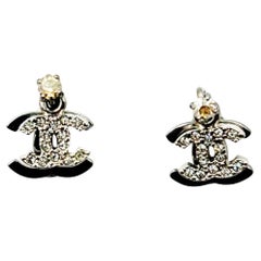 Chanel Gunmetal CC Crystal Overlapped Small Piercing Earrings